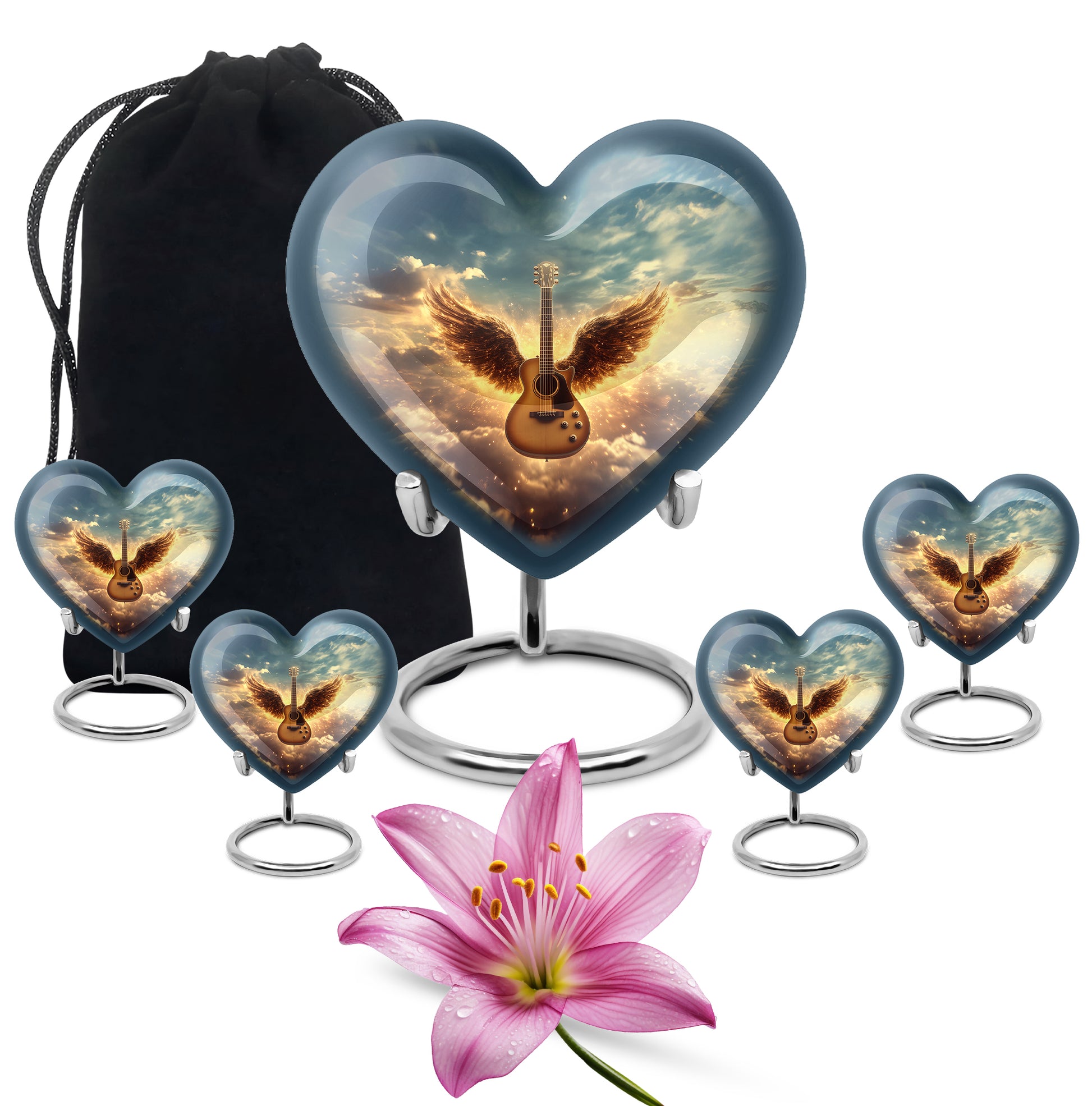 Azure Guitar Cremation Urn close-up of engraving and surface detail - heart-shaped guitar design symbolizing eternal love - memorial set with one large and four small urns