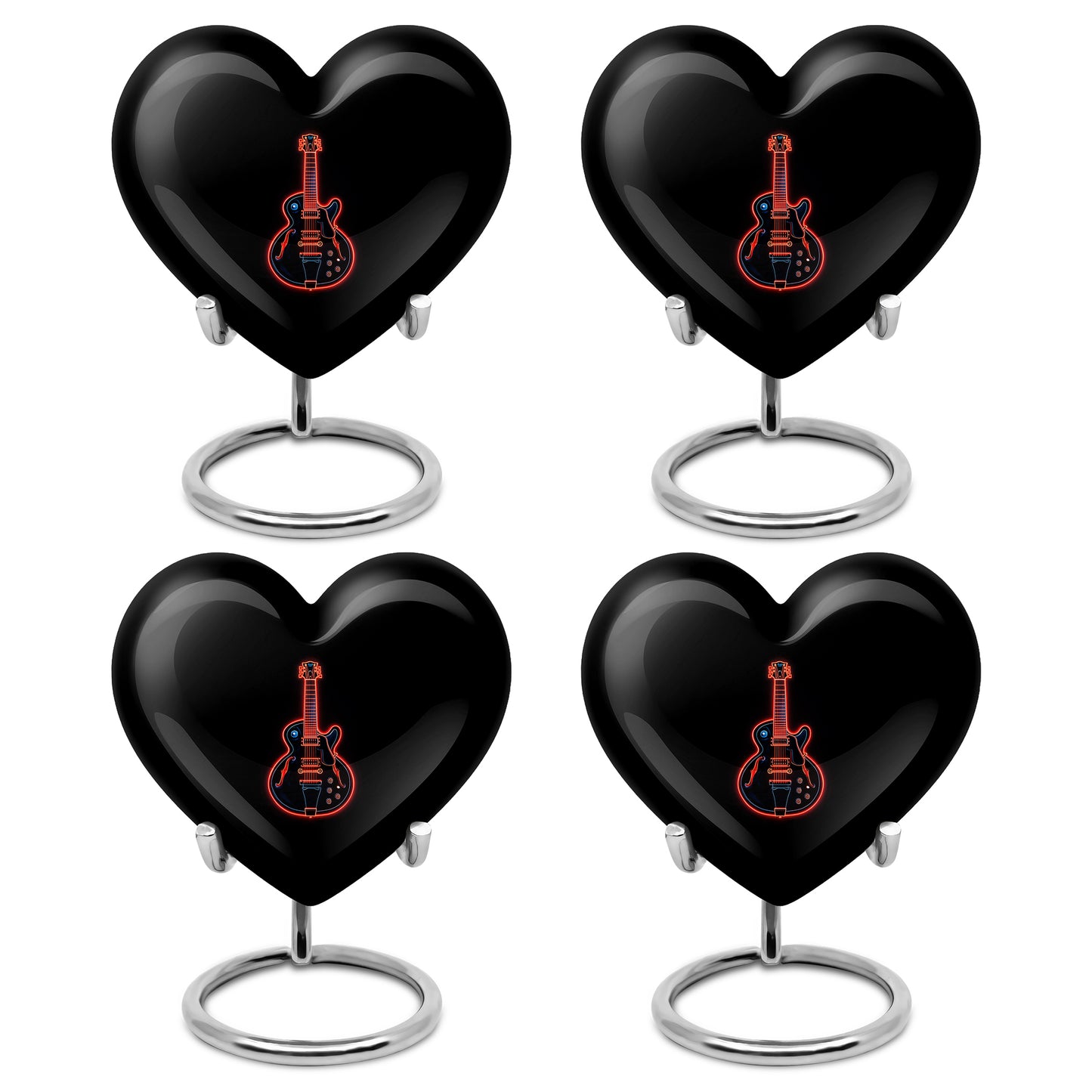 Ebony Guitar Cremation Urn angled view of lid and engraved motif - loving heart memorial featuring guitar pattern - 10 inch aluminum urn for cremated remains
