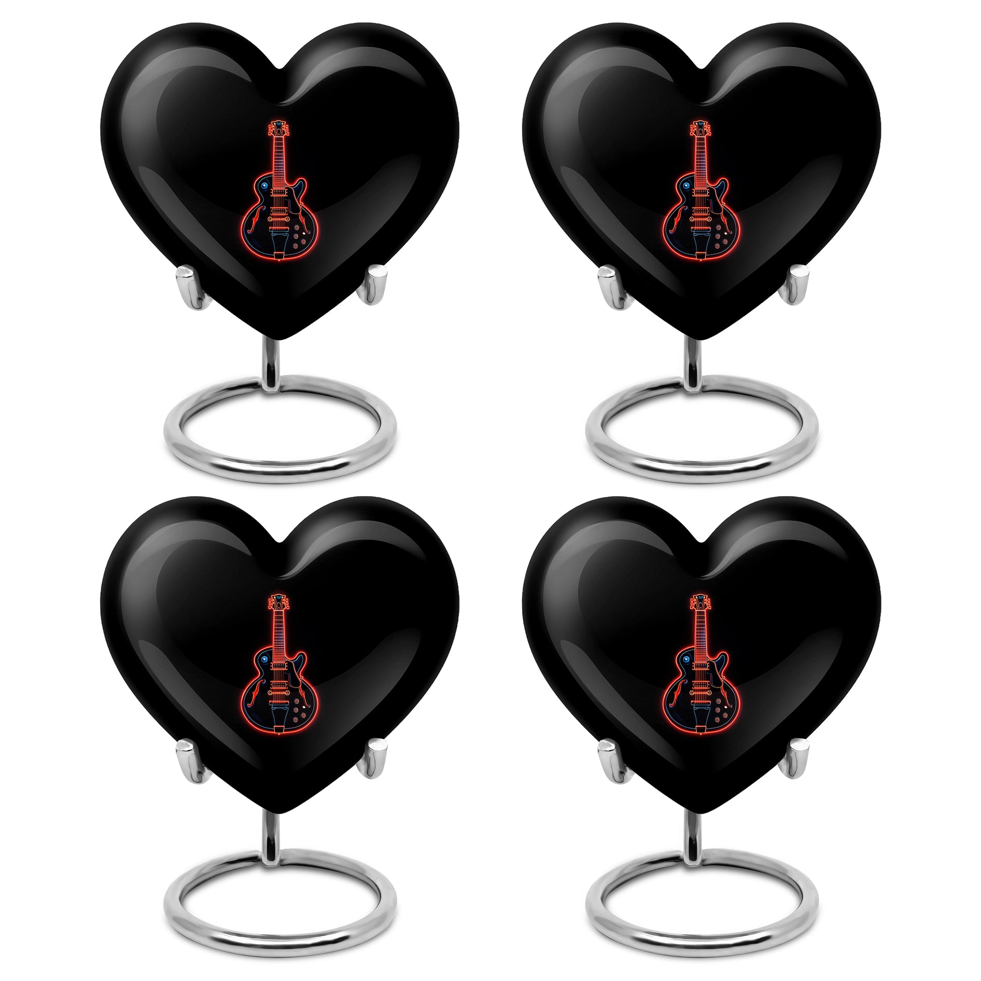 Ebony Guitar Cremation Urn angled view of lid and engraved motif - loving heart memorial featuring guitar pattern - 10 inch aluminum urn for cremated remains