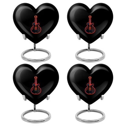 Ebony Guitar Cremation Urn angled view of lid and engraved motif - loving heart memorial featuring guitar pattern - 10 inch aluminum urn for cremated remains