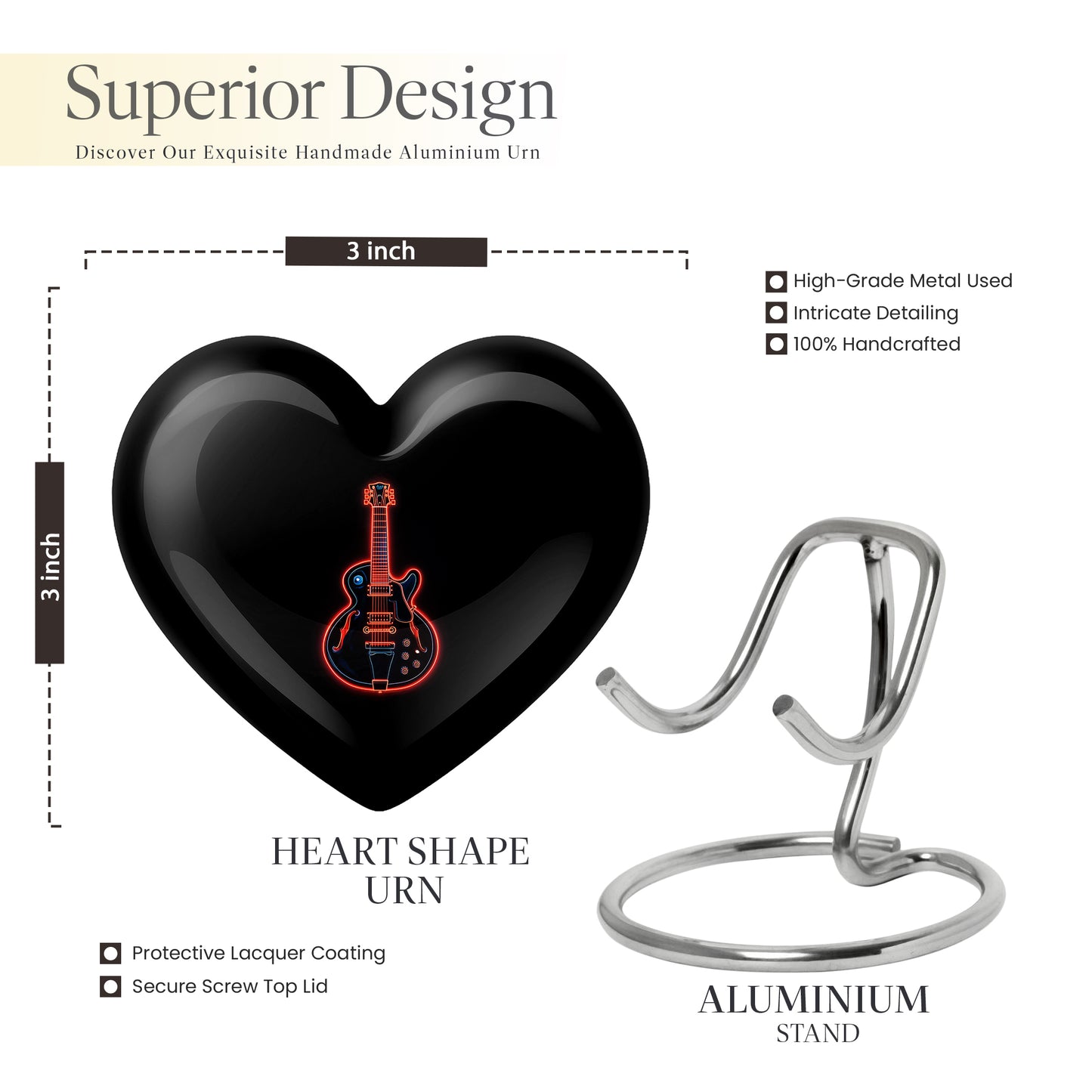 Glossy Black Guitar Cremation Urn front view showing detailed design - loving heart memorial featuring guitar pattern - mini keepsake memorial for portion of cremation ashes
