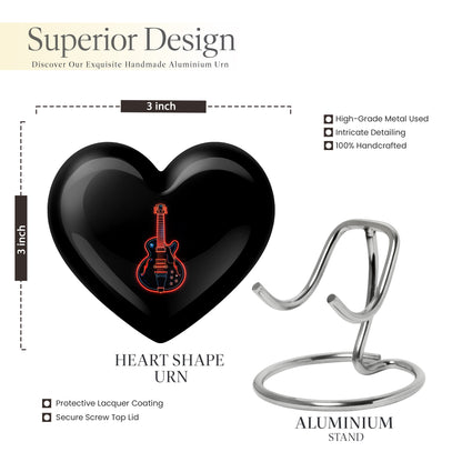 Glossy Black Guitar Cremation Urn front view showing detailed design - loving heart memorial featuring guitar pattern - mini keepsake memorial for portion of cremation ashes