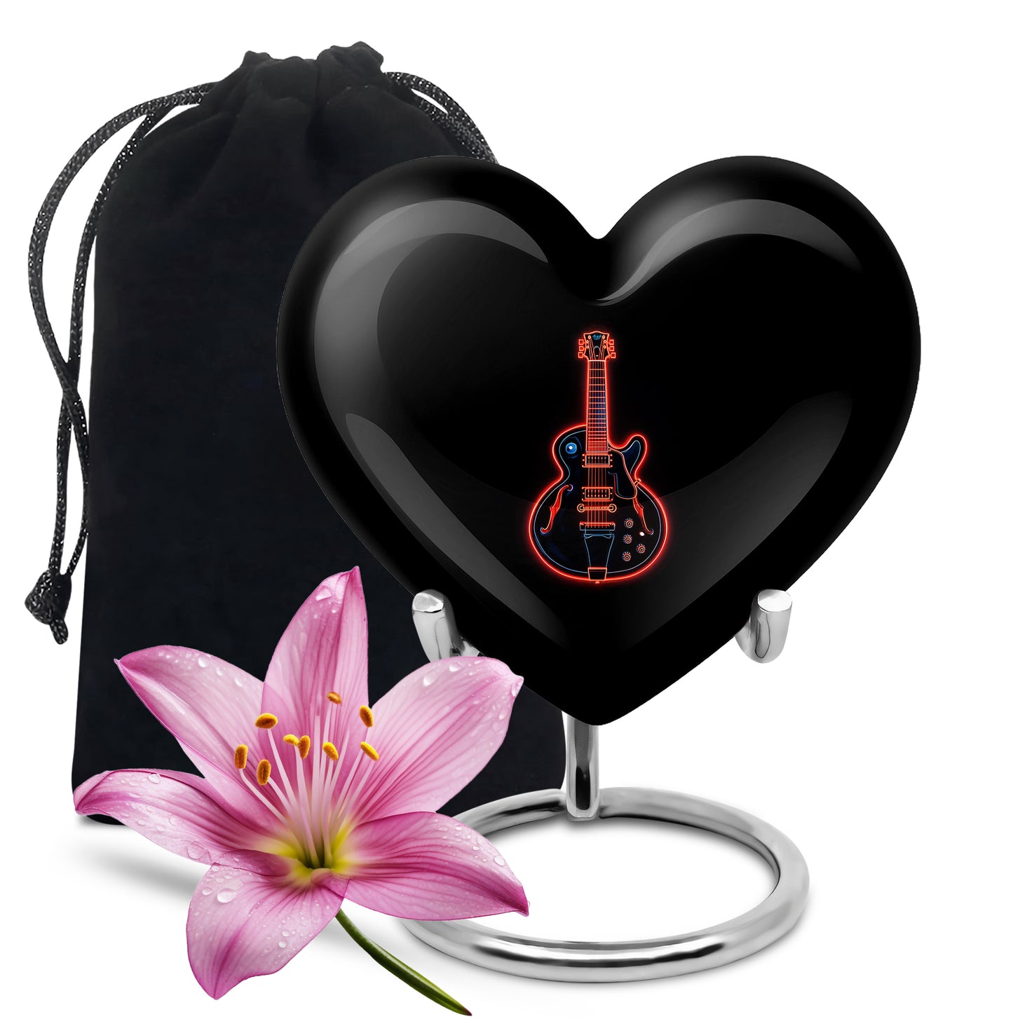 Deep Black Guitar Cremation Urn detail view - heart-shaped guitar design symbolizing eternal love - full-size 10 inch 200 cubic inch adult cremation urn