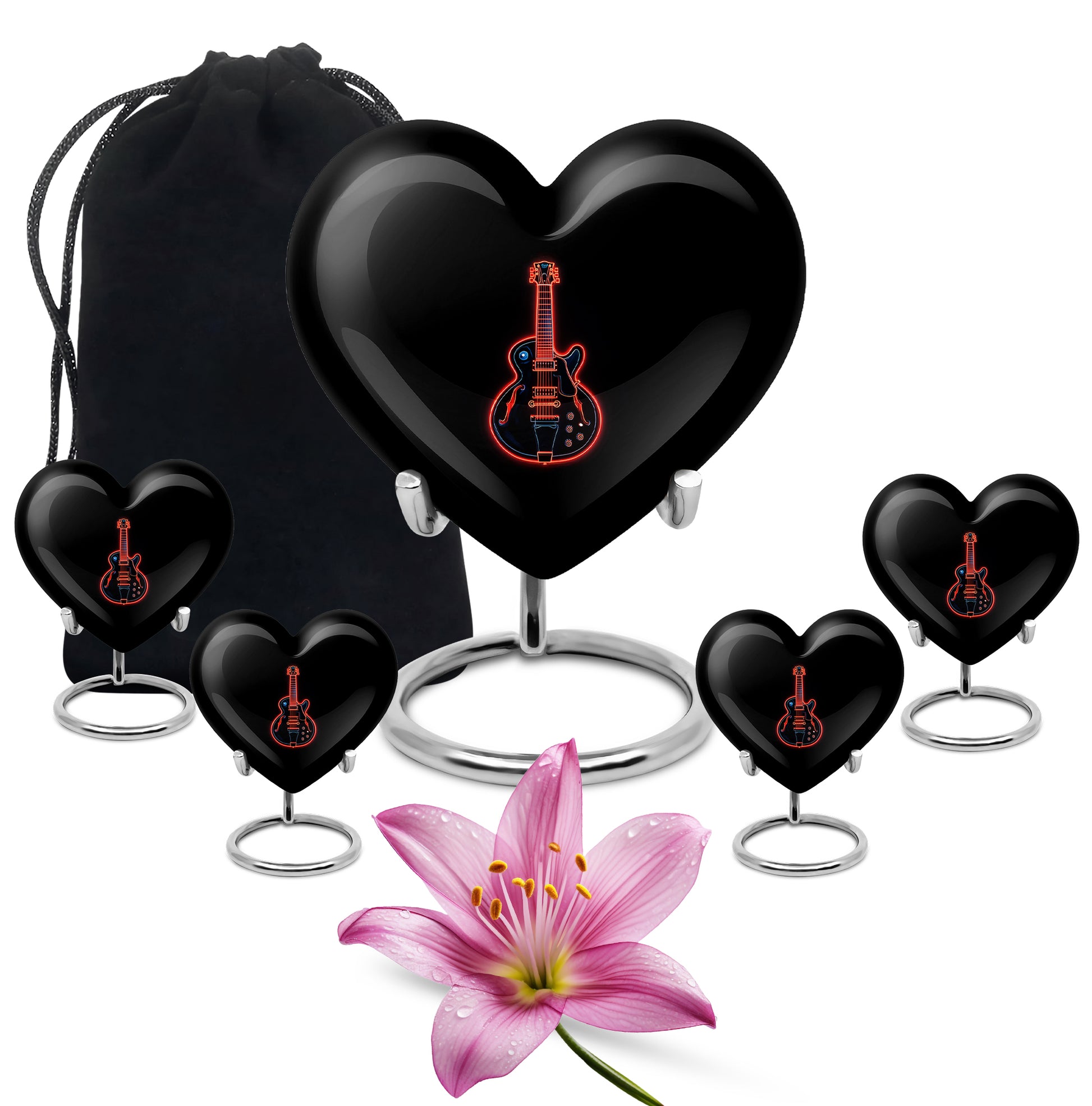 Obsidian Black Guitar Cremation Urn close-up of engraving and surface detail - compassionate heart-guitar combination with gentle curves - memorial set with one large and four small urns
