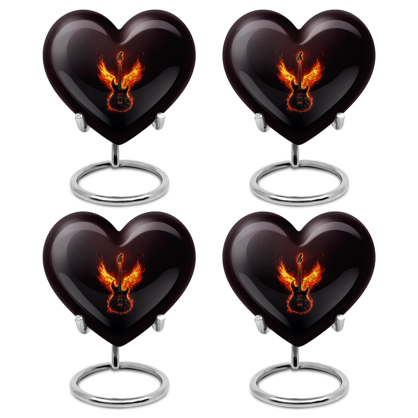 Dark Black Guitar Cremation Urn angled view of lid and engraved motif - compassionate heart-guitar combination with gentle curves - 10 inch aluminum urn for cremated remains