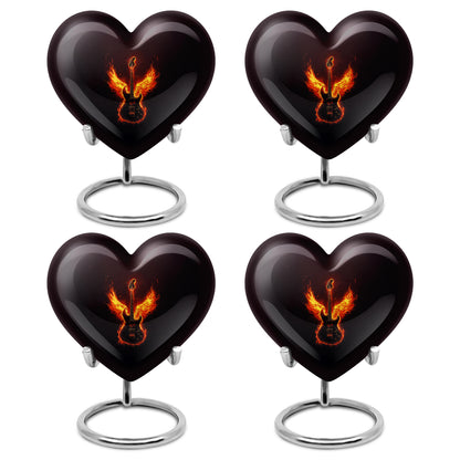 Dark Black Guitar Cremation Urn angled view of lid and engraved motif - compassionate heart-guitar combination with gentle curves - 10 inch aluminum urn for cremated remains