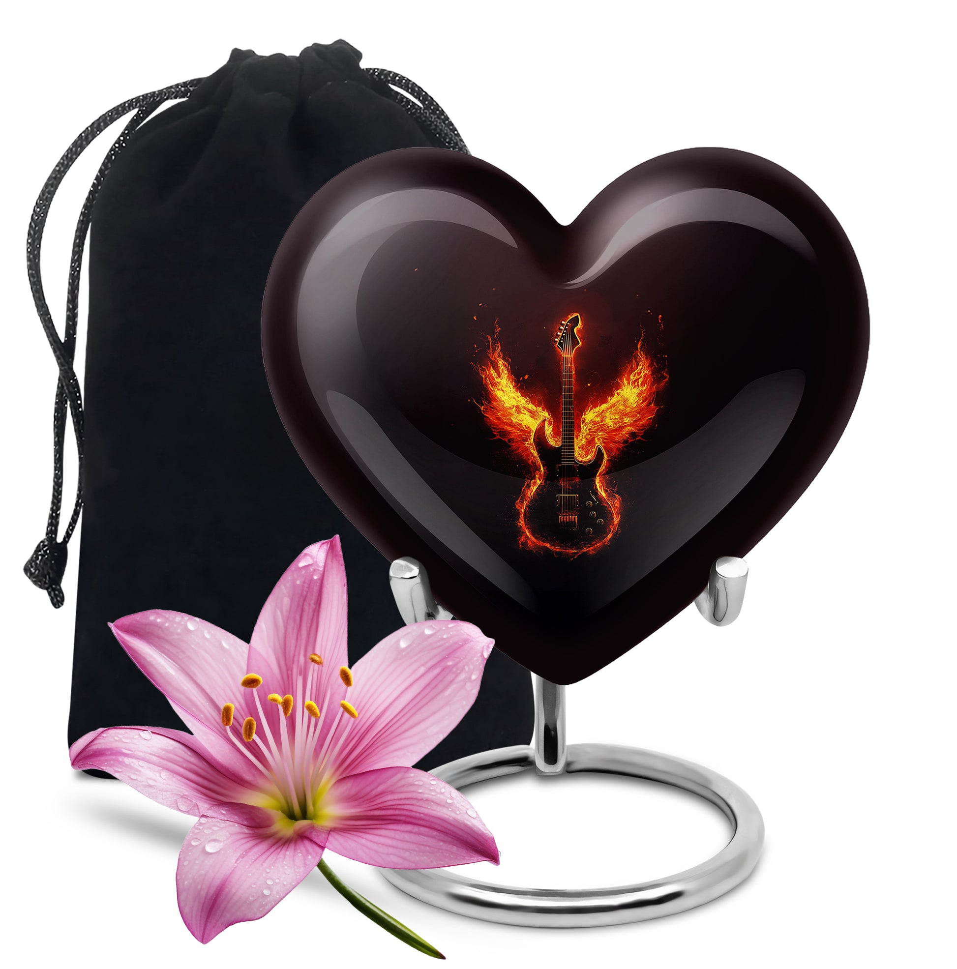 Charcoal Black Guitar Cremation Urn detail view - romantic heart urn with guitar motif on aluminum - full-size 10 inch 200 cubic inch adult cremation urn