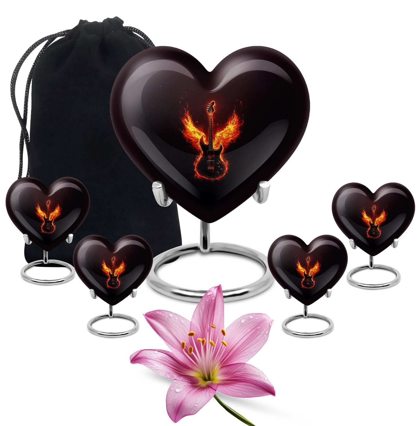 Onyx Black Guitar Cremation Urn close-up of engraving and surface detail - romantic heart urn with guitar motif on aluminum - memorial set with one large and four small urns