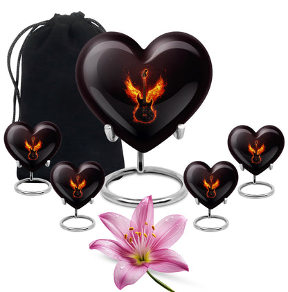Onyx Black Guitar Cremation Urn close-up of engraving and surface detail - romantic heart urn with guitar motif on aluminum - memorial set with one large and four small urns