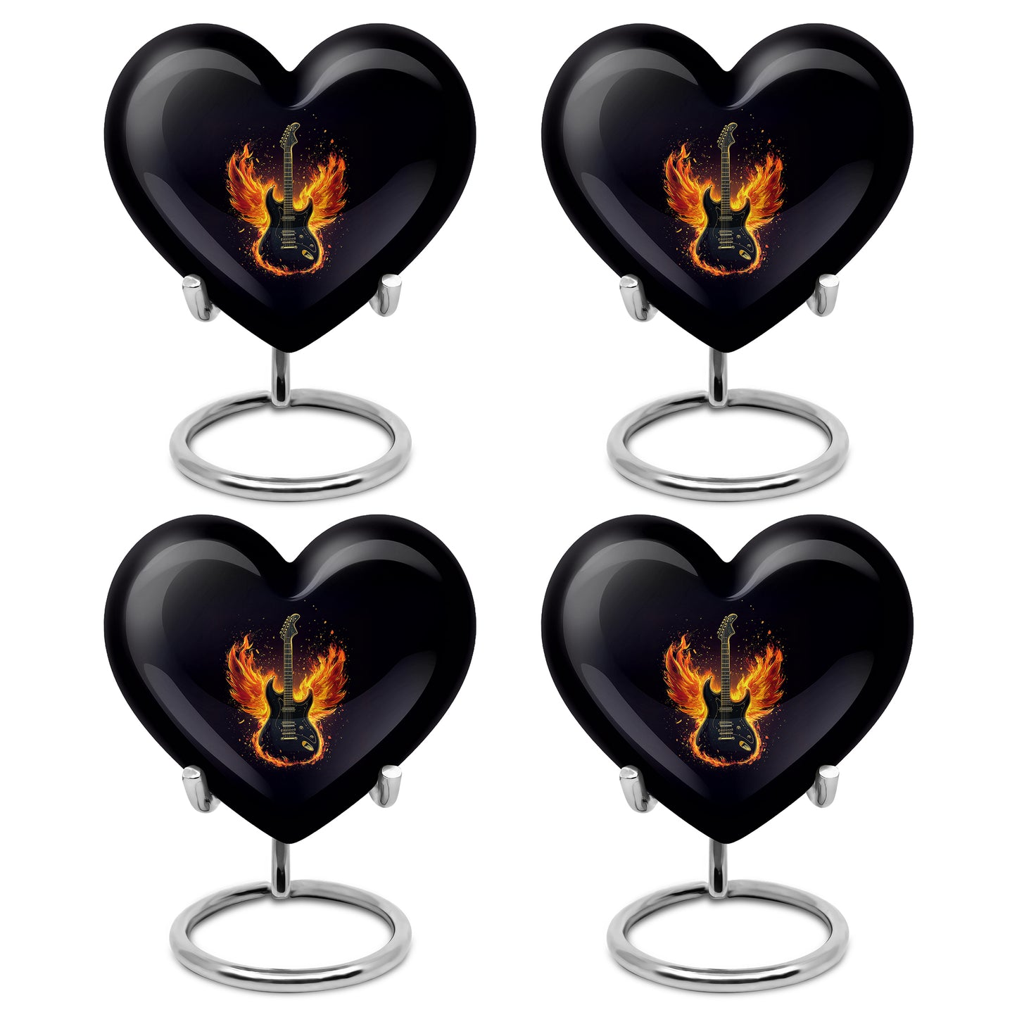 Ebony Guitar Cremation Urn angled view of lid and engraved motif - loving heart memorial featuring guitar pattern - 10 inch aluminum urn for cremated remains