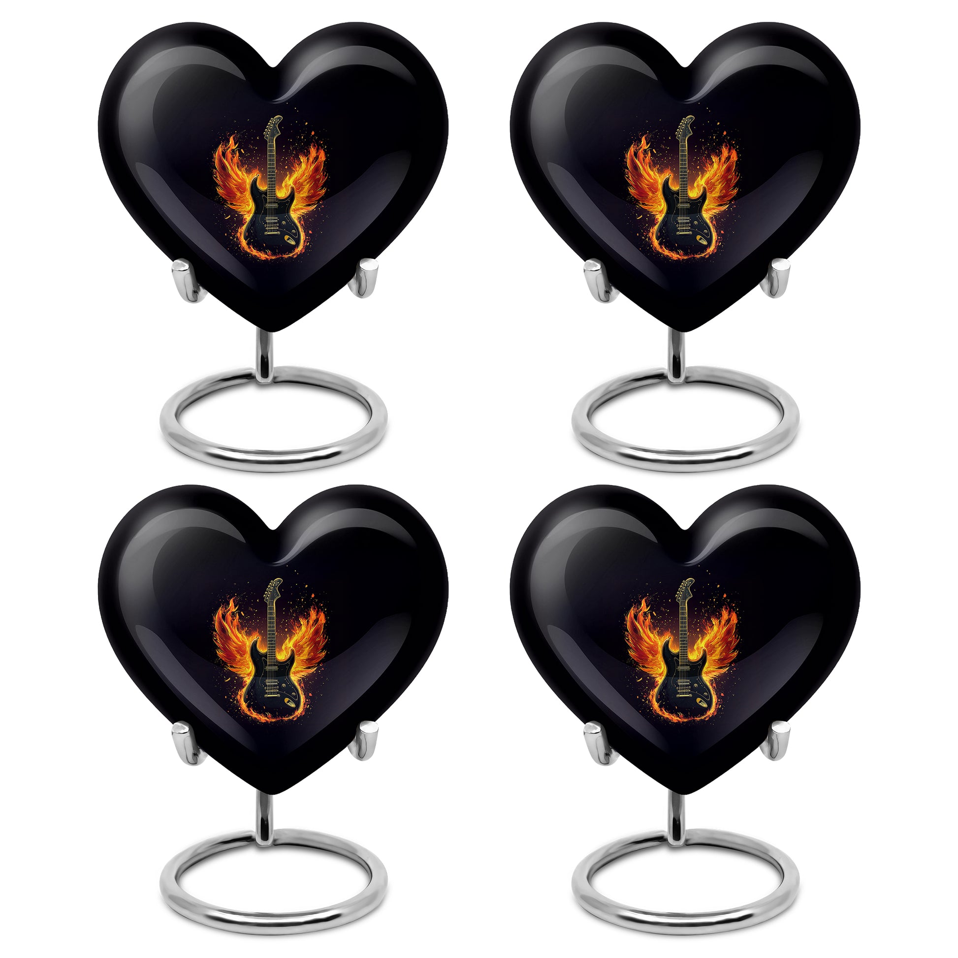 Ebony Guitar Cremation Urn angled view of lid and engraved motif - loving heart memorial featuring guitar pattern - 10 inch aluminum urn for cremated remains