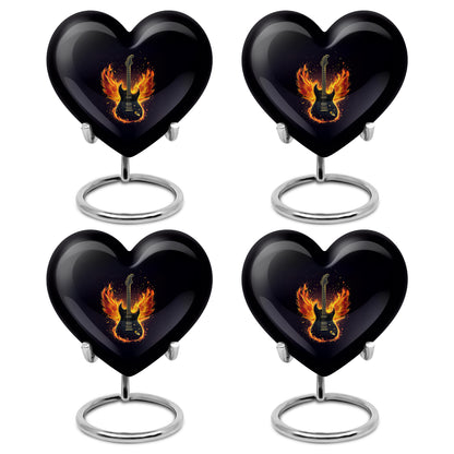Ebony Guitar Cremation Urn angled view of lid and engraved motif - loving heart memorial featuring guitar pattern - 10 inch aluminum urn for cremated remains