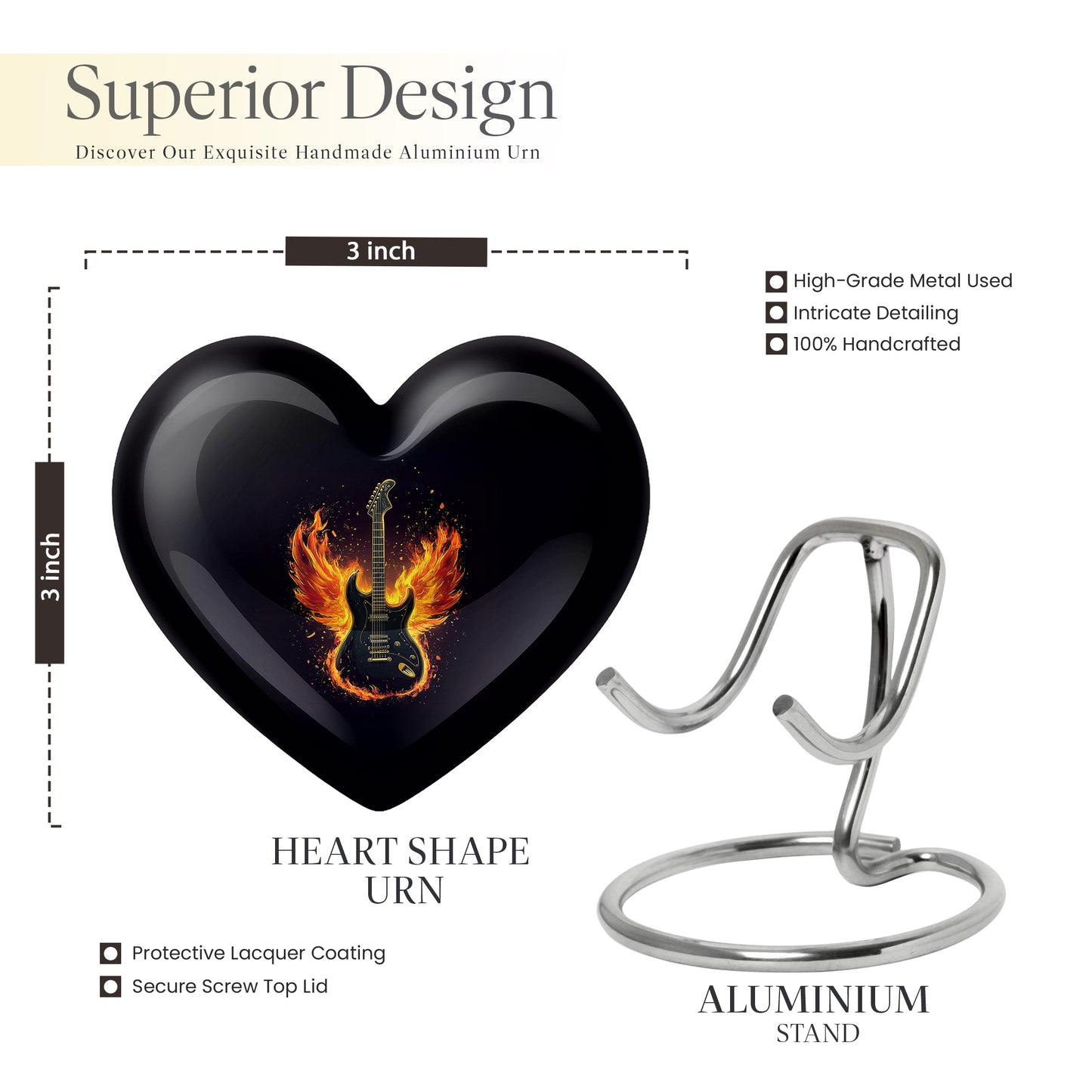 Jet Black Guitar Cremation Urn front view showing detailed design - heart-shaped guitar design symbolizing eternal love - mini keepsake memorial for portion of cremation ashes