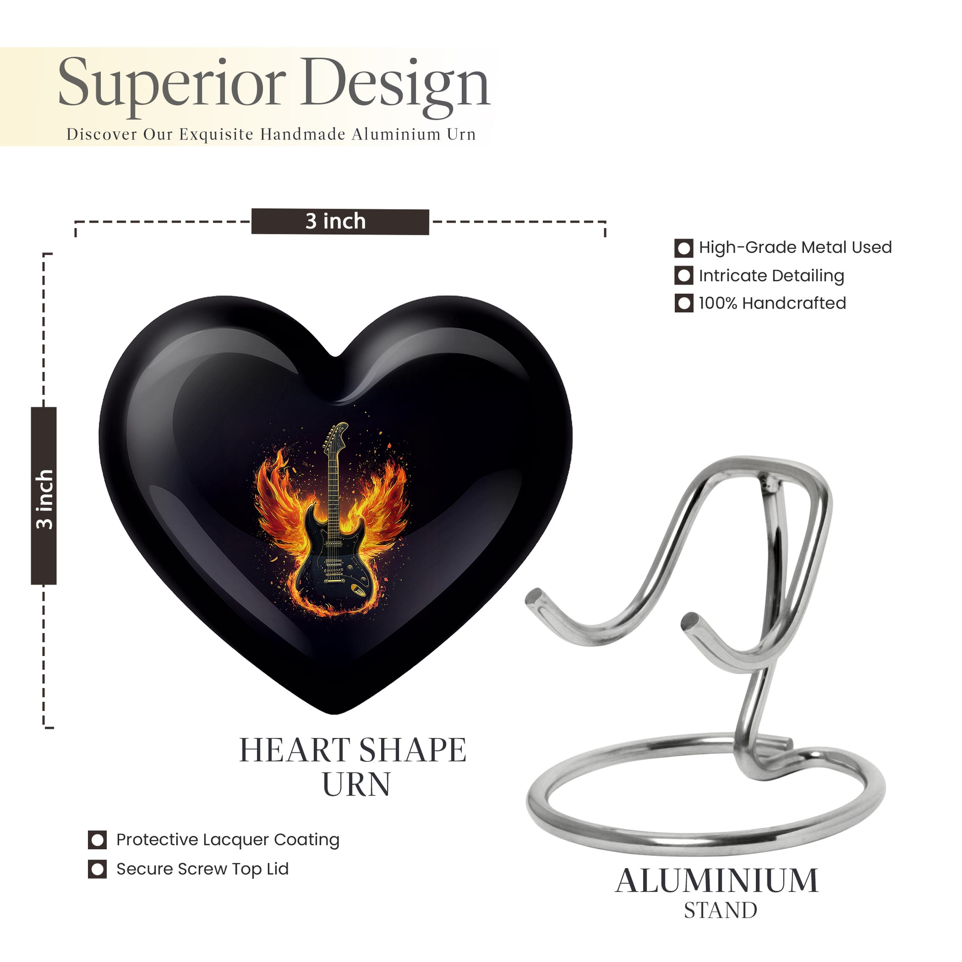 Jet Black Guitar Cremation Urn front view showing detailed design - heart-shaped guitar design symbolizing eternal love - mini keepsake memorial for portion of cremation ashes