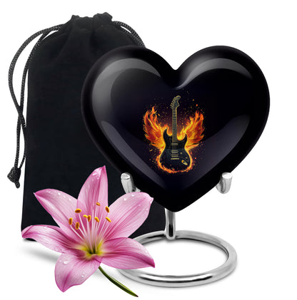 Glossy Black Guitar Cremation Urn detail view - loving heart memorial featuring guitar pattern - full-size 10 inch 200 cubic inch adult cremation urn