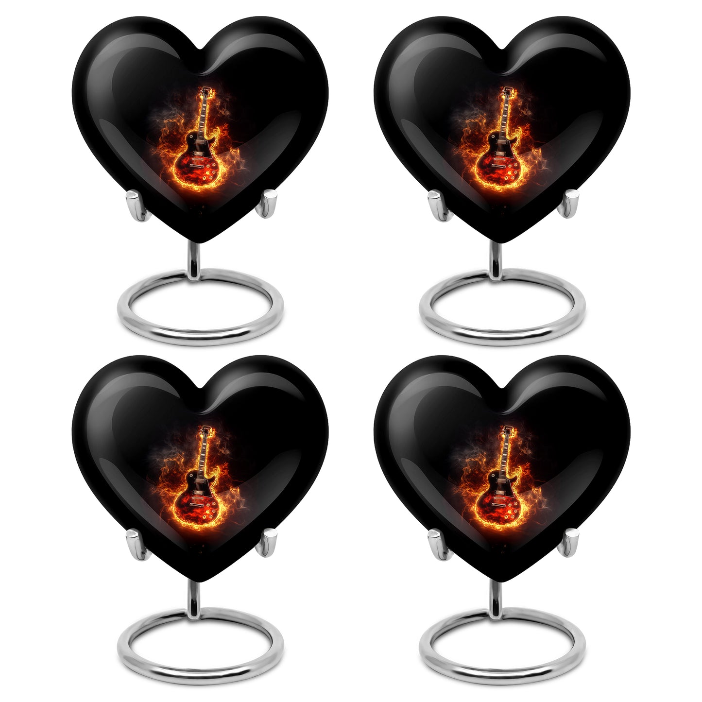 Jet Black Guitar Cremation Urn angled view of lid and engraved motif - loving heart memorial featuring guitar pattern - 10 inch aluminum urn for cremated remains