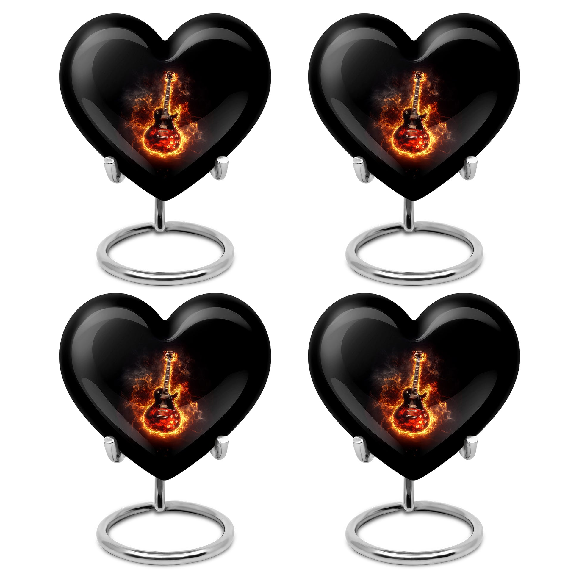 Jet Black Guitar Cremation Urn angled view of lid and engraved motif - loving heart memorial featuring guitar pattern - 10 inch aluminum urn for cremated remains