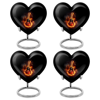 Jet Black Guitar Cremation Urn angled view of lid and engraved motif - loving heart memorial featuring guitar pattern - 10 inch aluminum urn for cremated remains