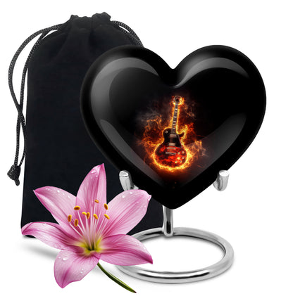 Onyx Black Guitar Cremation Urn detail view - romantic heart urn with guitar motif on aluminum - full-size 10 inch 200 cubic inch adult cremation urn