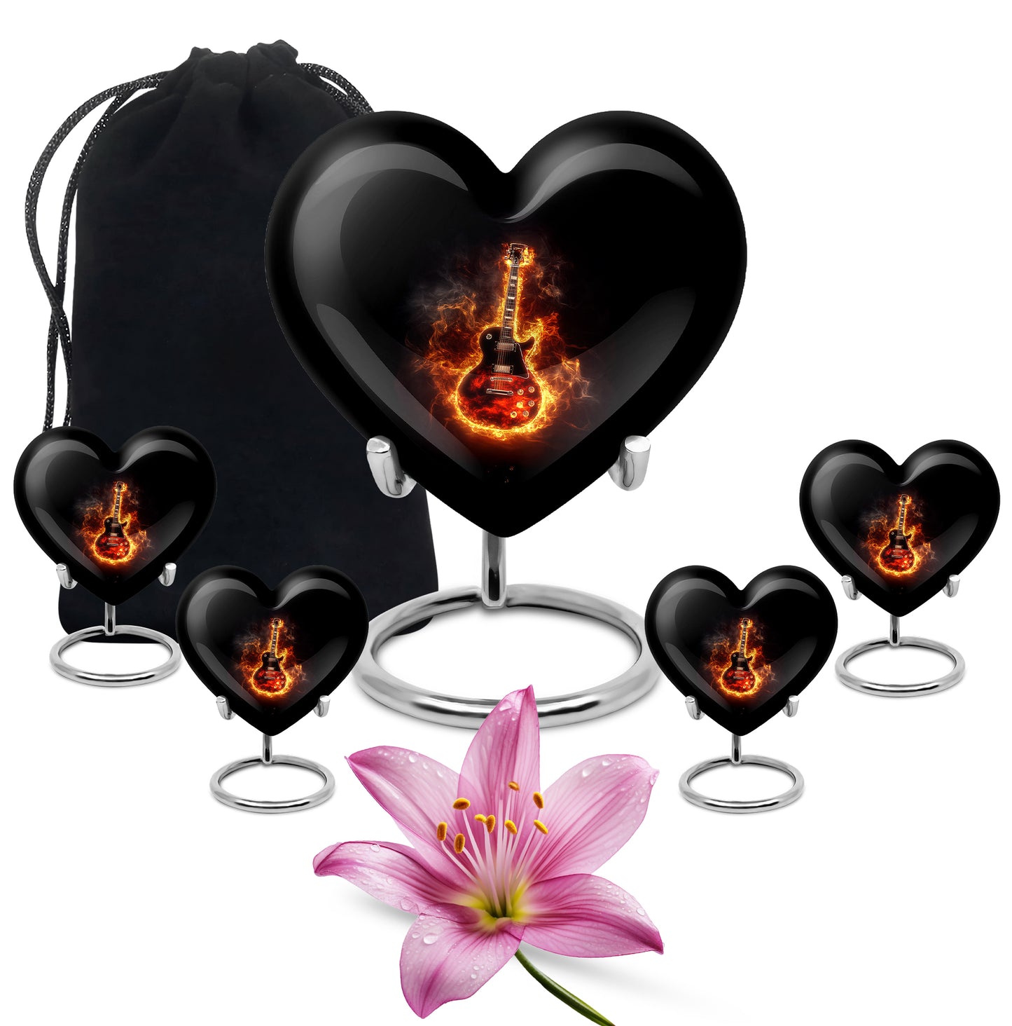Rich Black Guitar Cremation Urn close-up of engraving and surface detail - loving heart memorial featuring guitar pattern - memorial set with one large and four small urns