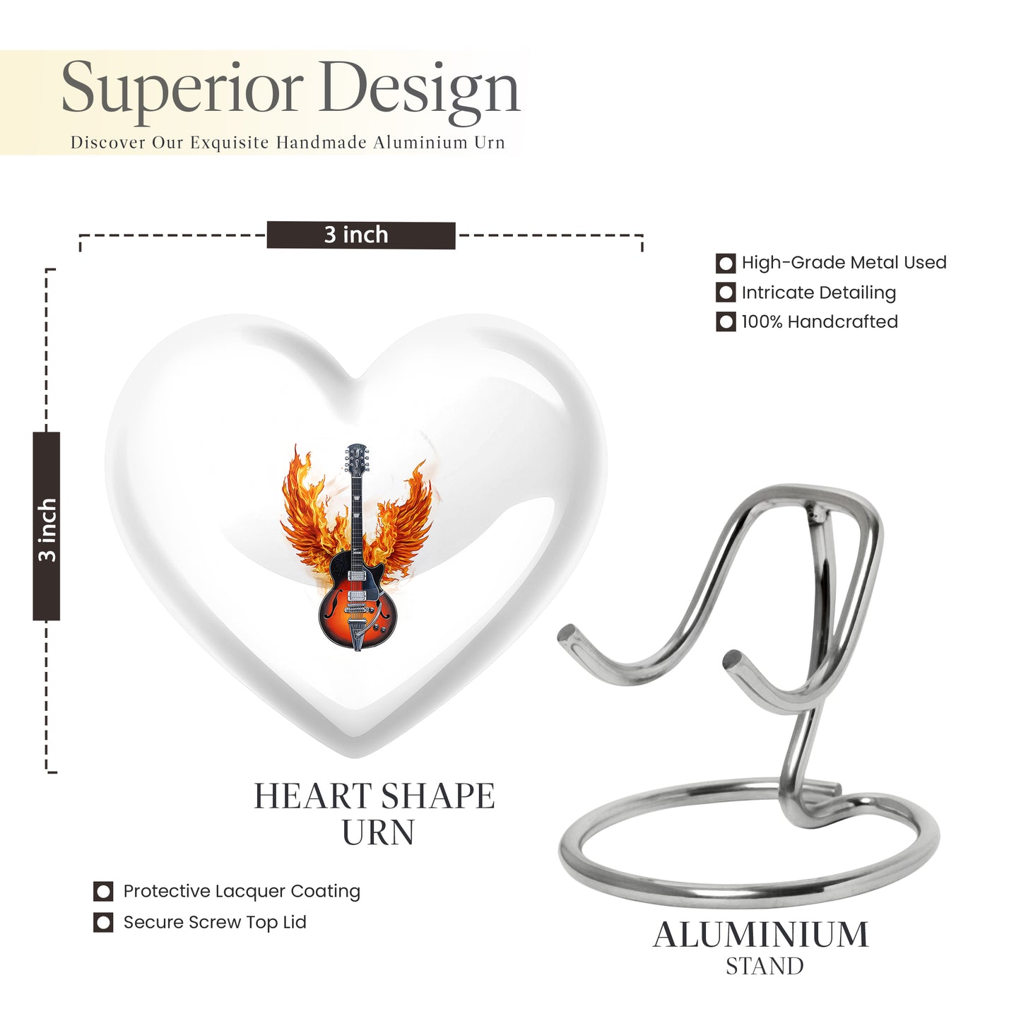 Chrome Silver Guitar Cremation Urn front view showing detailed design - romantic heart urn with guitar motif on aluminum - mini keepsake memorial for portion of cremation ashes