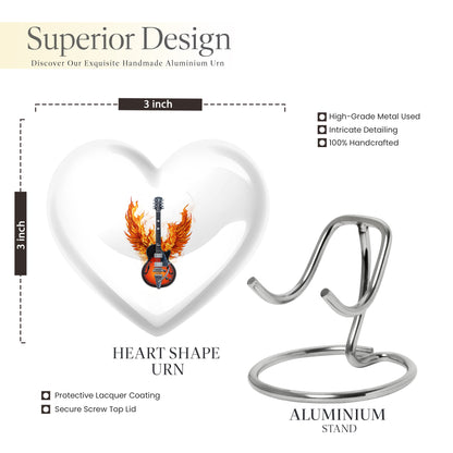 Chrome Silver Guitar Cremation Urn front view showing detailed design - romantic heart urn with guitar motif on aluminum - mini keepsake memorial for portion of cremation ashes