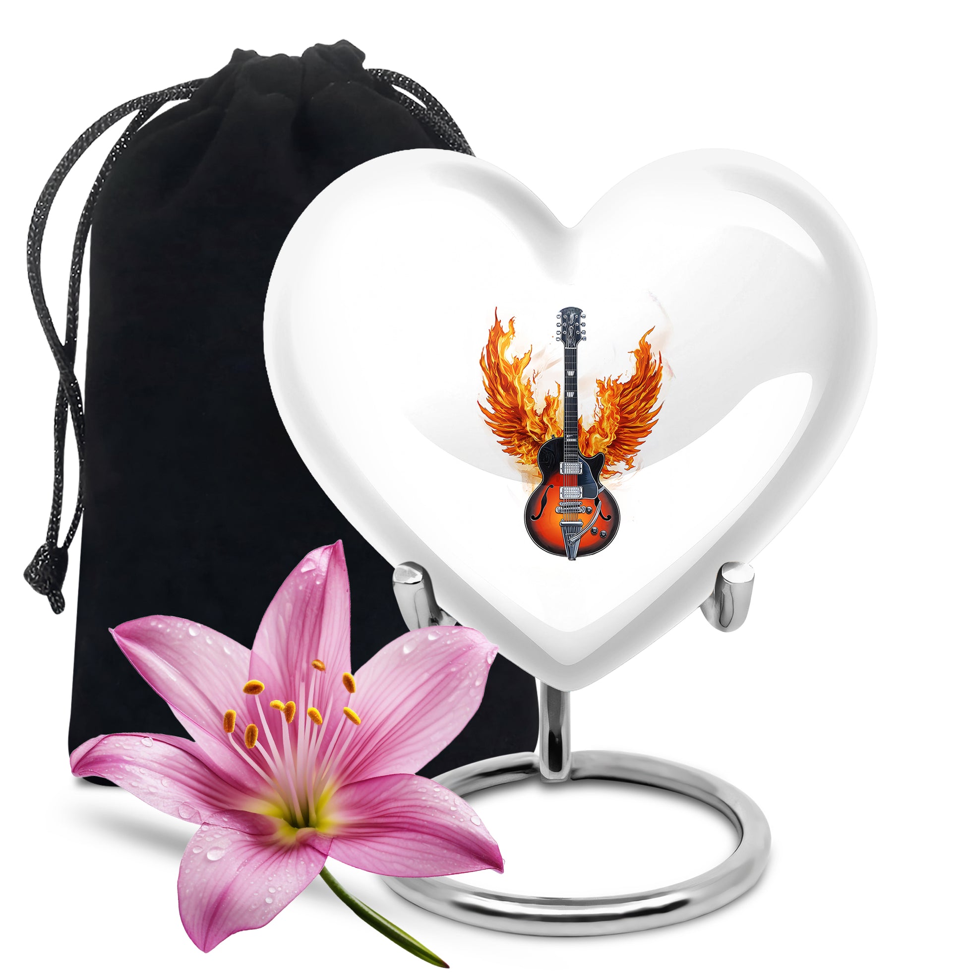 Moonlight Silver Guitar Cremation Urn detail view - romantic heart urn with guitar motif on aluminum - full-size 10 inch 200 cubic inch adult cremation urn