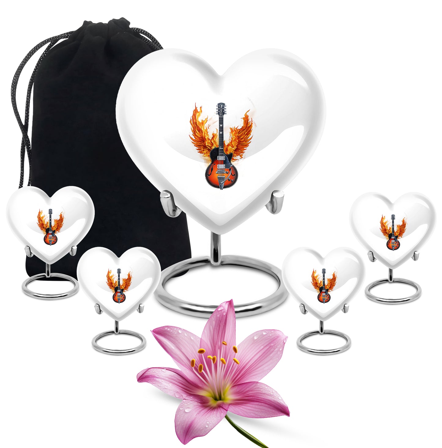 Brushed Silver Guitar Cremation Urn close-up of engraving and surface detail - heart-shaped guitar design symbolizing eternal love - memorial set with one large and four small urns
