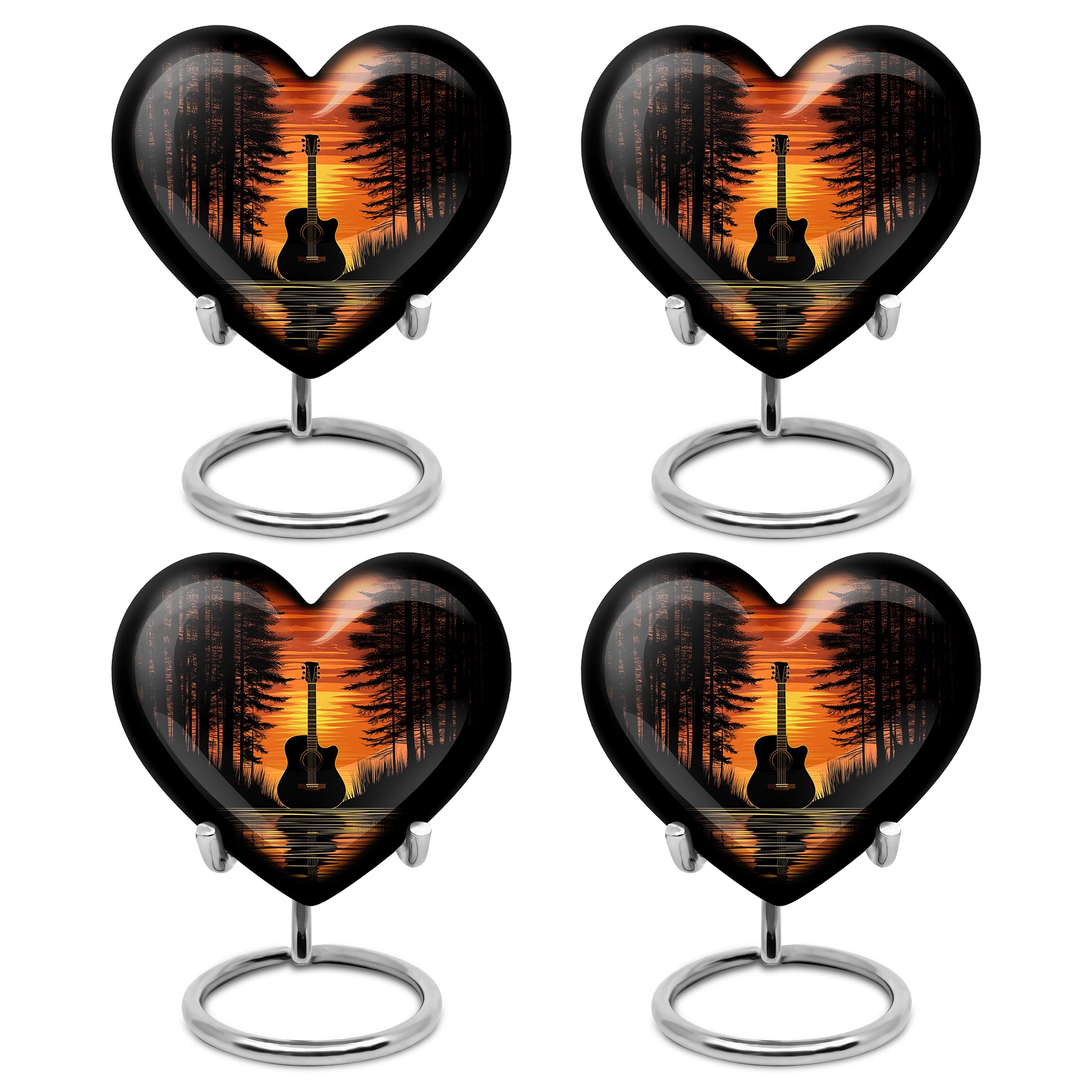 Charcoal Black Guitar Cremation Urn angled view of lid and engraved motif - compassionate heart-guitar combination with gentle curves - 10 inch aluminum urn for cremated remains