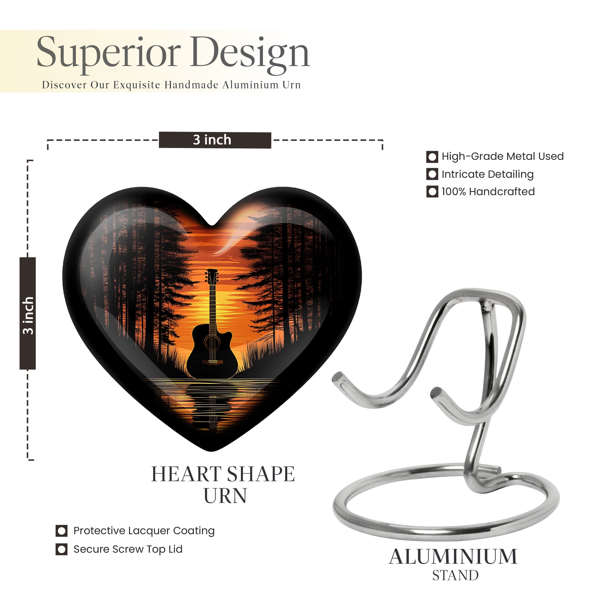 Deep Black Guitar Cremation Urn front view showing detailed design - heart-shaped guitar design symbolizing eternal love - mini keepsake memorial for portion of cremation ashes