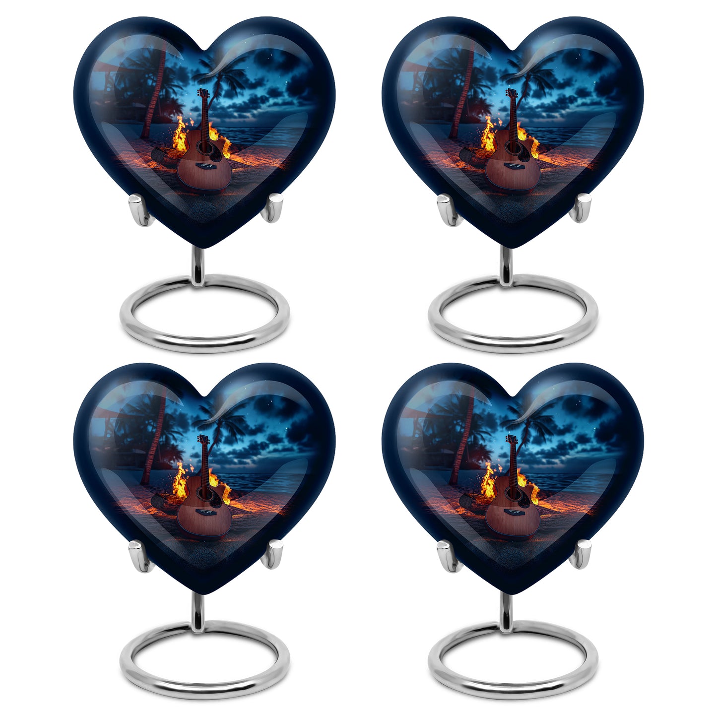 Slate Blue Guitar Cremation Urn angled view of lid and engraved motif - loving heart memorial featuring guitar pattern - 10 inch aluminum urn for cremated remains