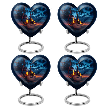 Slate Blue Guitar Cremation Urn angled view of lid and engraved motif - loving heart memorial featuring guitar pattern - 10 inch aluminum urn for cremated remains