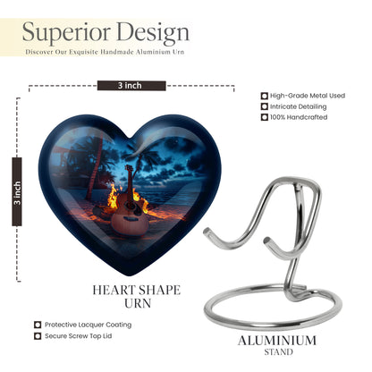 Bright Blue Guitar Cremation Urn front view showing detailed design - romantic heart urn with guitar motif on aluminum - mini keepsake memorial for portion of cremation ashes