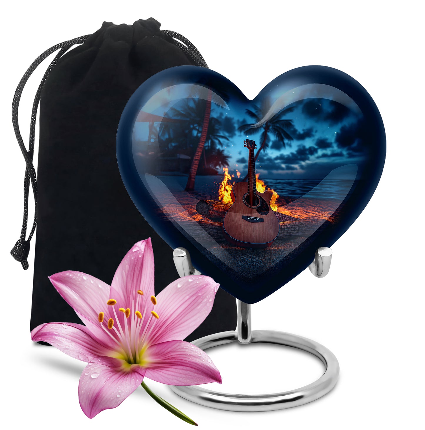 Powder Blue Guitar Cremation Urn detail view - loving heart memorial featuring guitar pattern - full-size 10 inch 200 cubic inch adult cremation urn