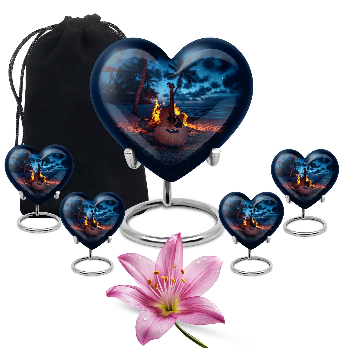 Bright Blue Guitar Cremation Urn close-up of engraving and surface detail - romantic heart urn with guitar motif on aluminum - memorial set with one large and four small urns