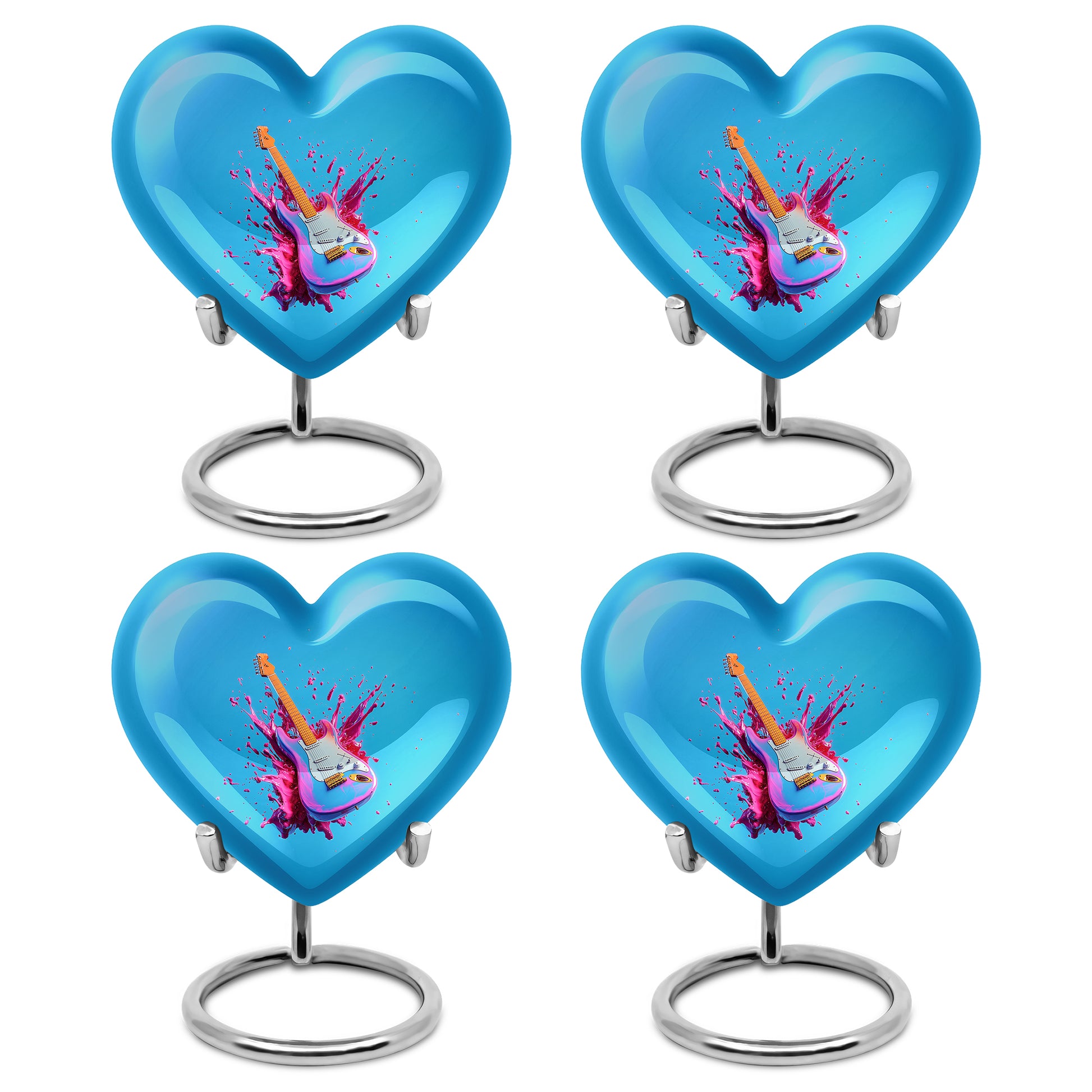 Misty Blue Guitar Cremation Urn angled view of lid and engraved motif - loving heart memorial featuring guitar pattern - 10 inch aluminum urn for cremated remains