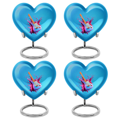 Misty Blue Guitar Cremation Urn angled view of lid and engraved motif - loving heart memorial featuring guitar pattern - 10 inch aluminum urn for cremated remains