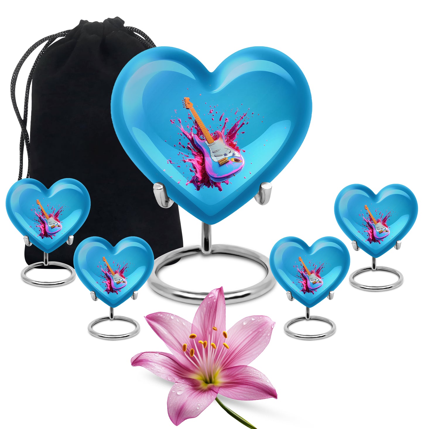 Slate Blue Guitar Cremation Urn close-up of engraving and surface detail - heart-shaped guitar design symbolizing eternal love - memorial set with one large and four small urns