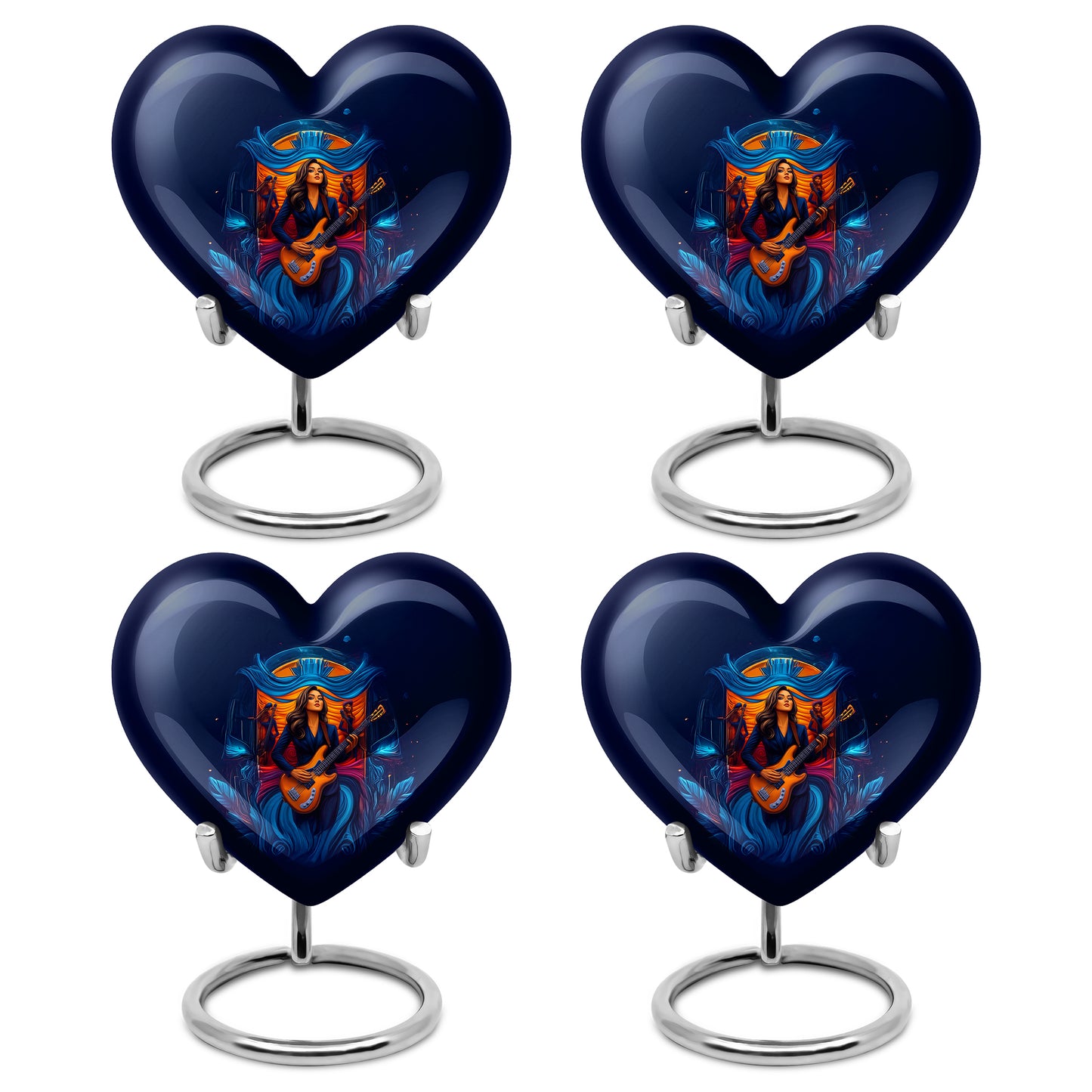 Indigo Guitar Cremation Urn angled view of lid and engraved motif - heart-shaped guitar design symbolizing eternal love - 10 inch aluminum urn for cremated remains