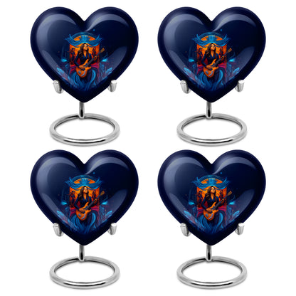 Indigo Guitar Cremation Urn angled view of lid and engraved motif - heart-shaped guitar design symbolizing eternal love - 10 inch aluminum urn for cremated remains