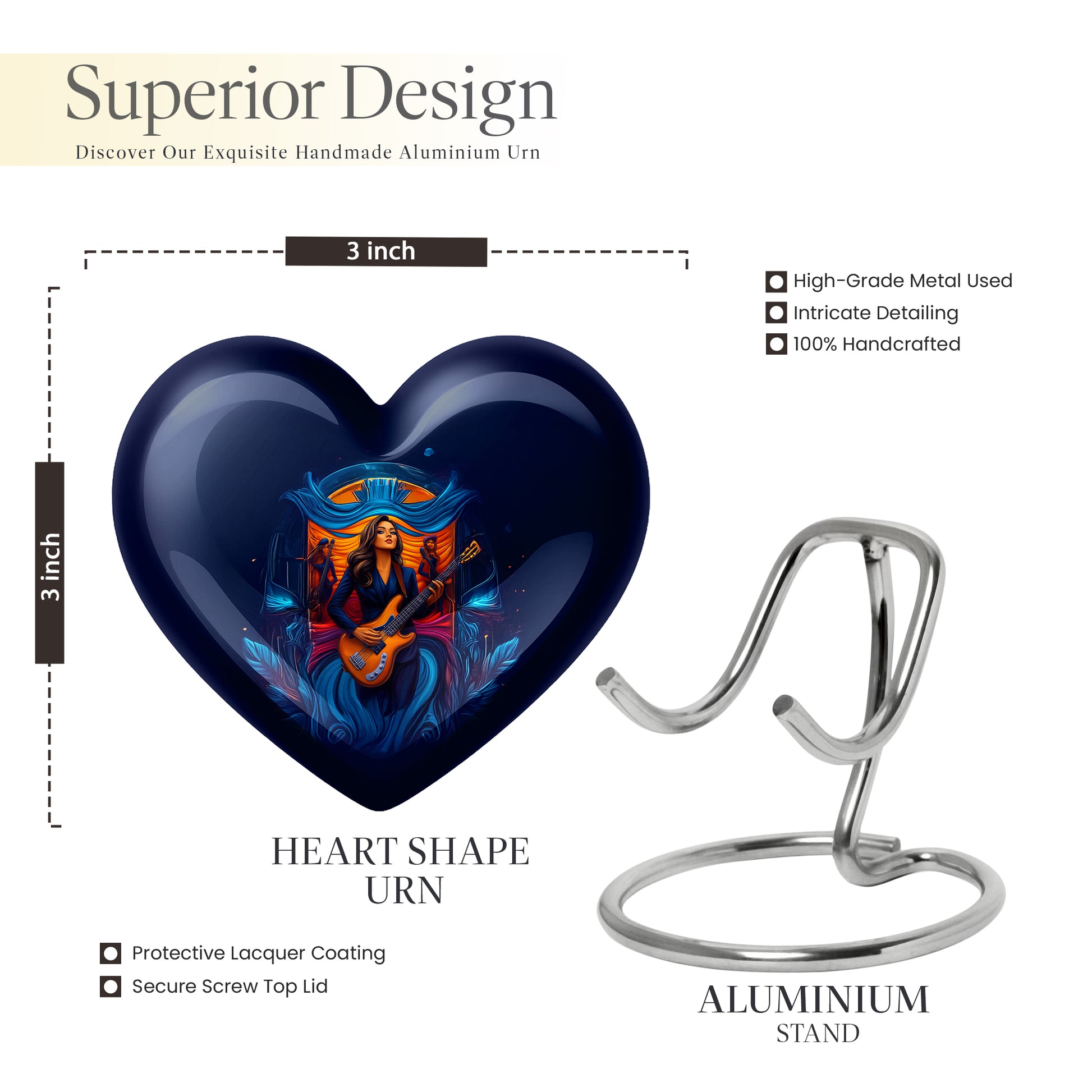 Cobalt Blue Guitar Cremation Urn front view showing detailed design - compassionate heart-guitar combination with gentle curves - mini keepsake memorial for portion of cremation ashes