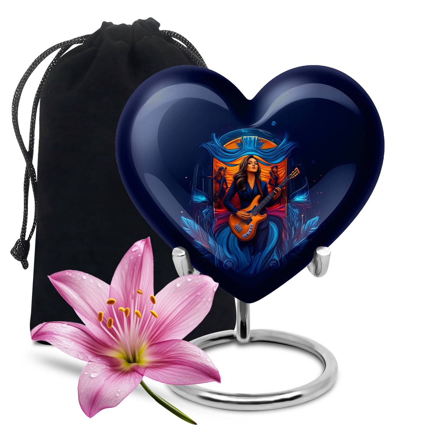 Twilight Blue Guitar Cremation Urn detail view - romantic heart urn with guitar motif on aluminum - full-size 10 inch 200 cubic inch adult cremation urn