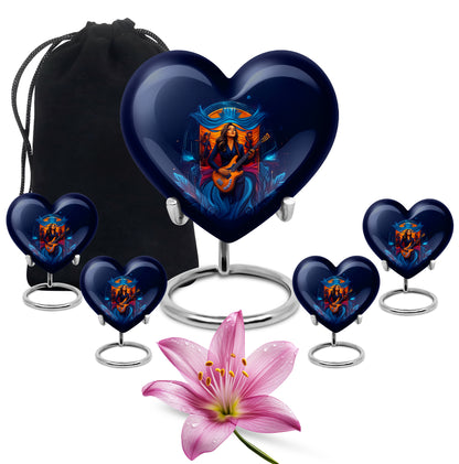 Azure Guitar Cremation Urn close-up of engraving and surface detail - loving heart memorial featuring guitar pattern - memorial set with one large and four small urns
