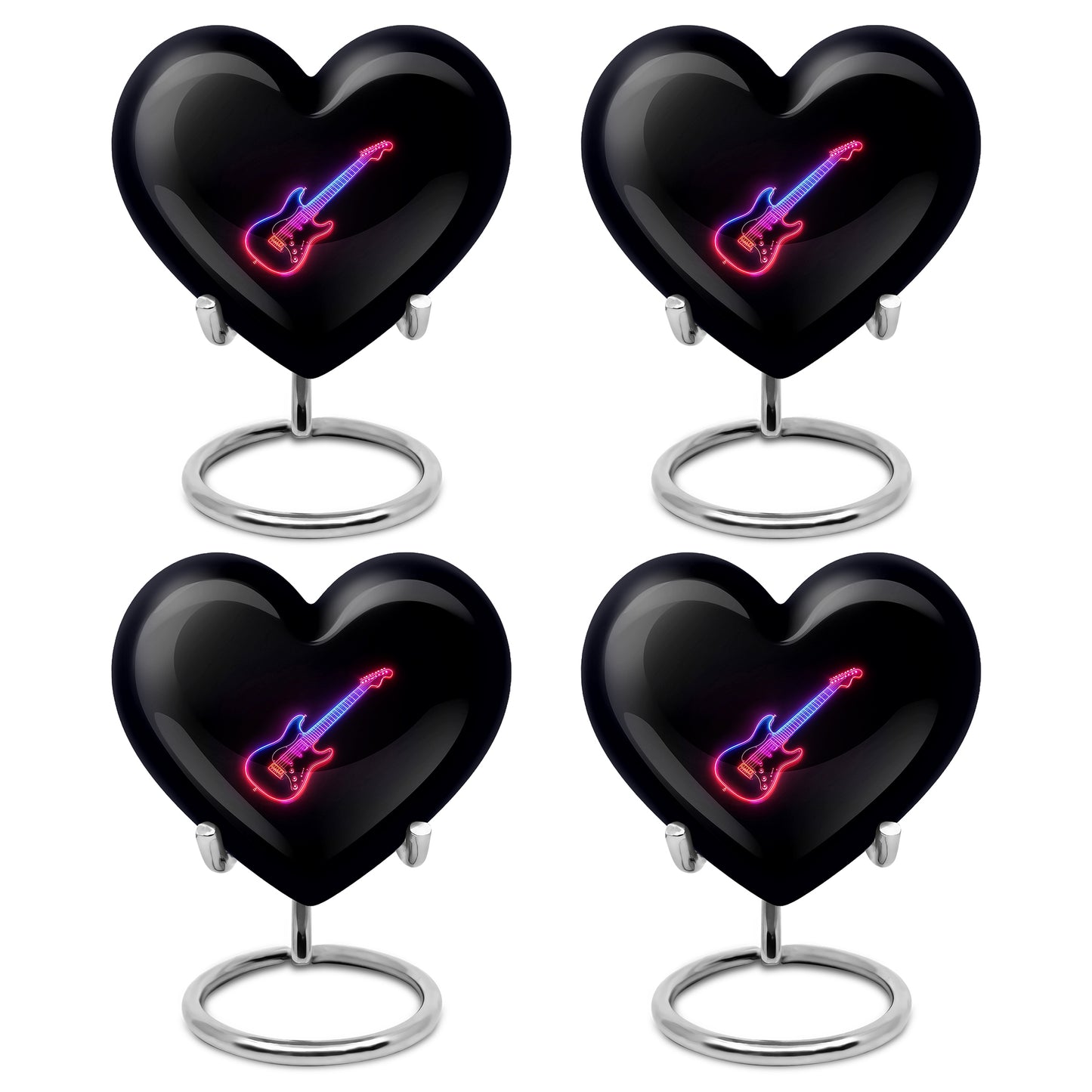 Dark Black Guitar Cremation Urn angled view of lid and engraved motif - romantic heart urn with guitar motif on aluminum - 10 inch aluminum urn for cremated remains