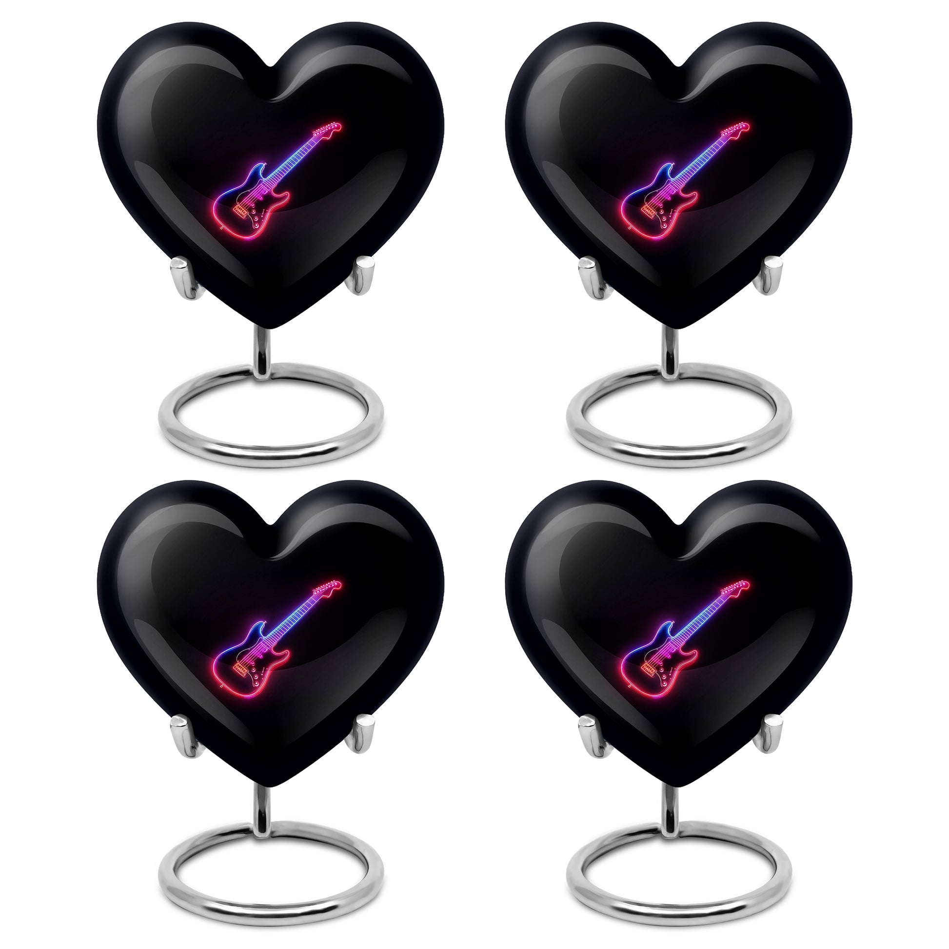 Dark Black Guitar Cremation Urn angled view of lid and engraved motif - romantic heart urn with guitar motif on aluminum - 10 inch aluminum urn for cremated remains