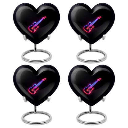 Dark Black Guitar Cremation Urn angled view of lid and engraved motif - romantic heart urn with guitar motif on aluminum - 10 inch aluminum urn for cremated remains