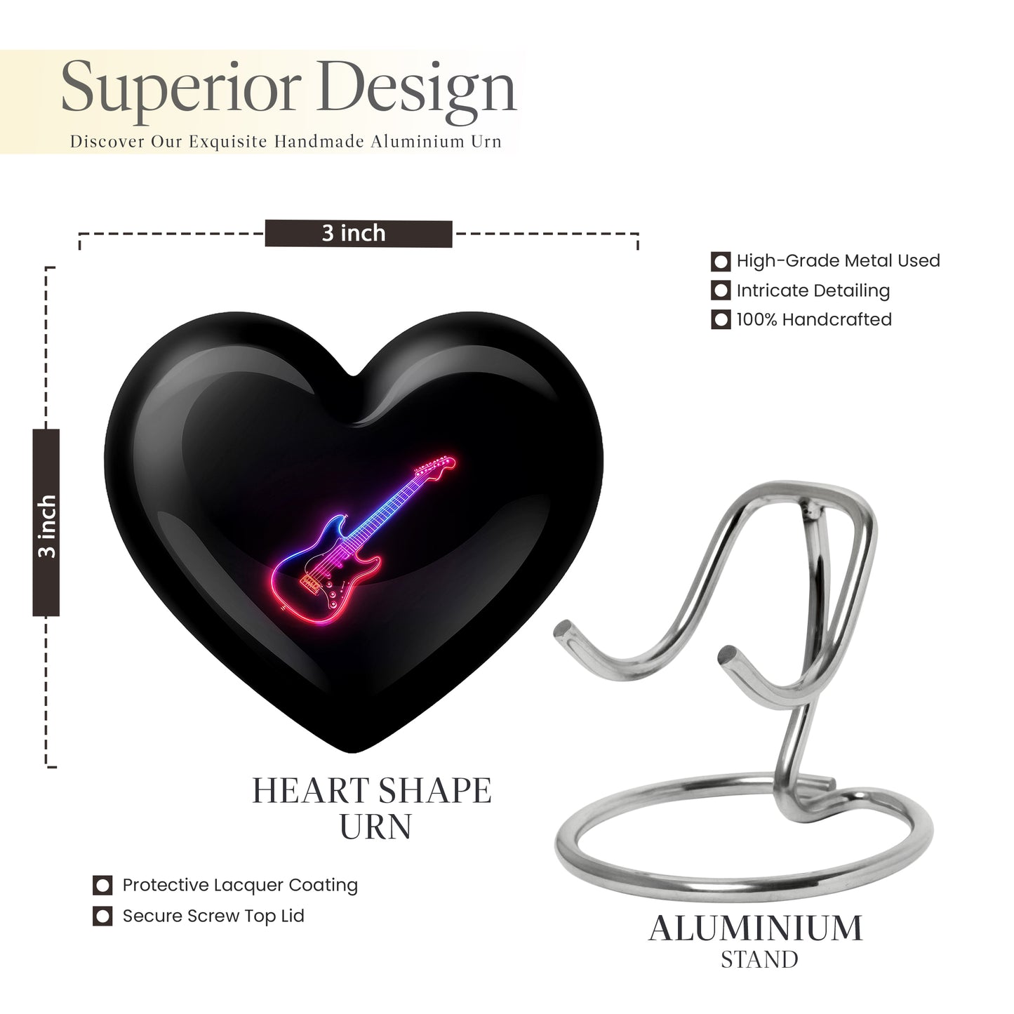 Ebony Guitar Cremation Urn front view showing detailed design - loving heart memorial featuring guitar pattern - mini keepsake memorial for portion of cremation ashes