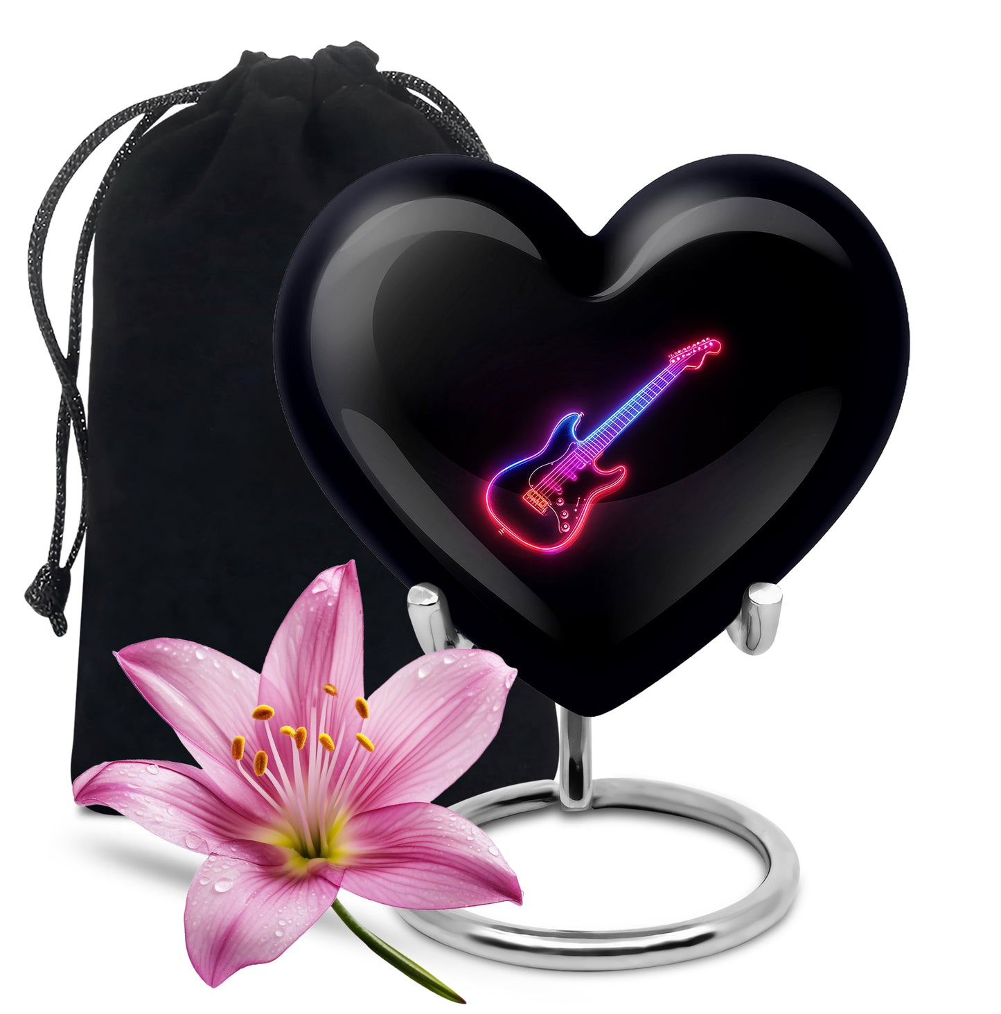 Obsidian Black Guitar Cremation Urn detail view - romantic heart urn with guitar motif on aluminum - full-size 10 inch 200 cubic inch adult cremation urn