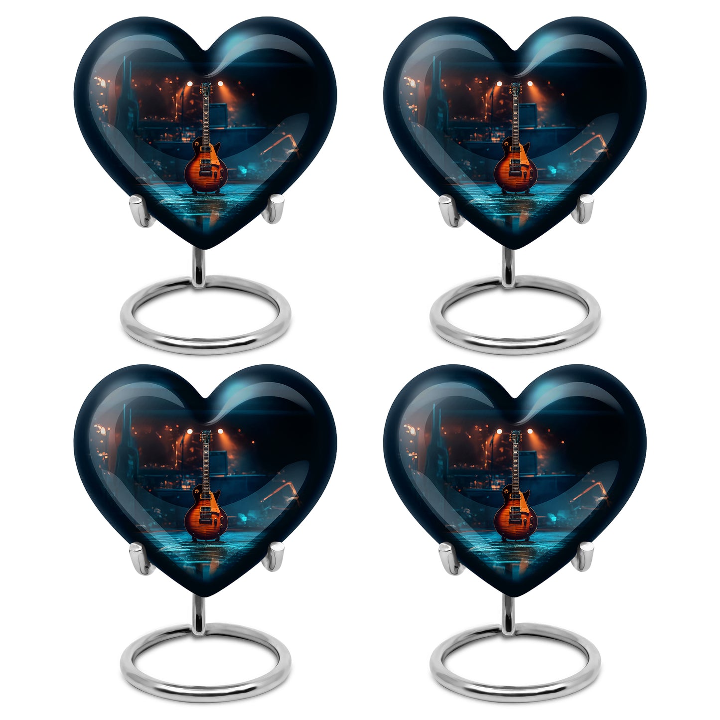 Onyx Black Guitar Cremation Urn angled view of lid and engraved motif - romantic heart urn with guitar motif on aluminum - 10 inch aluminum urn for cremated remains