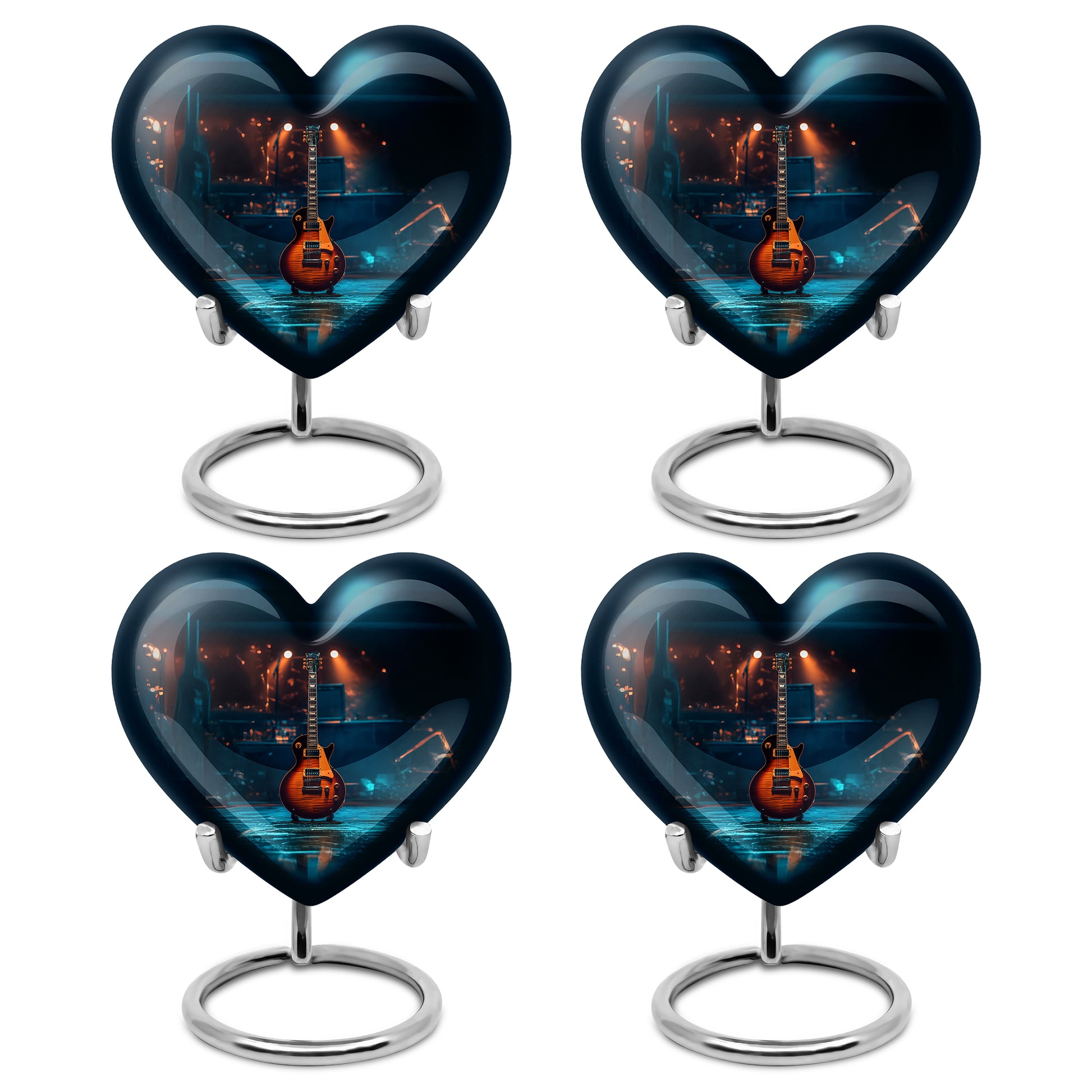 Onyx Black Guitar Cremation Urn angled view of lid and engraved motif - romantic heart urn with guitar motif on aluminum - 10 inch aluminum urn for cremated remains
